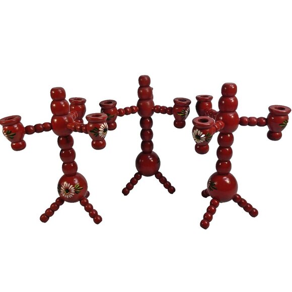 Swedish Traditional Bobbin Candle Holders 3 Arm Hand Painted Wood Red Set of 3 - Picture 1 of 10